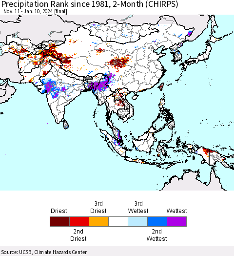 Asia Precipitation Rank since 1981, 2-Month (CHIRPS) Thematic Map For 11/11/2023 - 1/10/2024