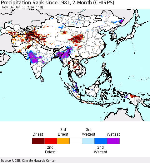 Asia Precipitation Rank since 1981, 2-Month (CHIRPS) Thematic Map For 11/16/2023 - 1/15/2024