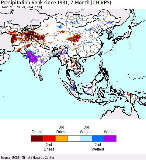 Asia Precipitation Rank since 1981, 2-Month (CHIRPS) Thematic Map For 11/21/2023 - 1/20/2024
