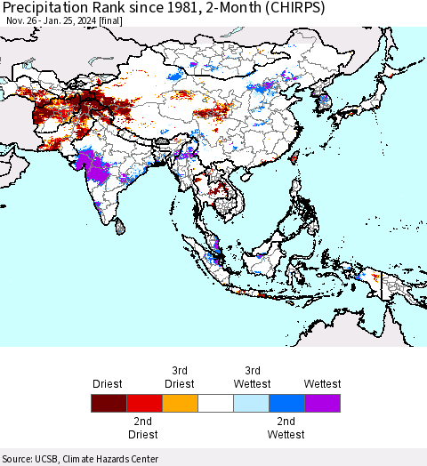 Asia Precipitation Rank since 1981, 2-Month (CHIRPS) Thematic Map For 11/26/2023 - 1/25/2024