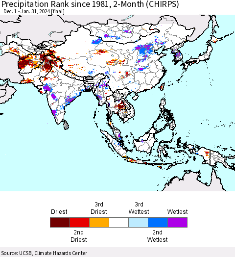 Asia Precipitation Rank since 1981, 2-Month (CHIRPS) Thematic Map For 12/1/2023 - 1/31/2024