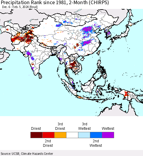 Asia Precipitation Rank since 1981, 2-Month (CHIRPS) Thematic Map For 12/6/2023 - 2/5/2024