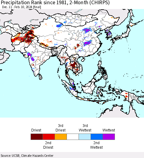 Asia Precipitation Rank since 1981, 2-Month (CHIRPS) Thematic Map For 12/11/2023 - 2/10/2024