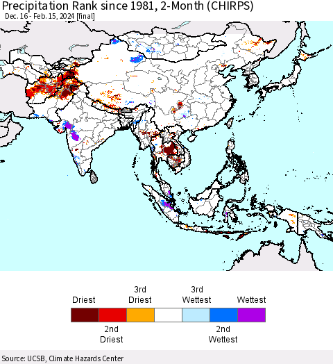 Asia Precipitation Rank since 1981, 2-Month (CHIRPS) Thematic Map For 12/16/2023 - 2/15/2024