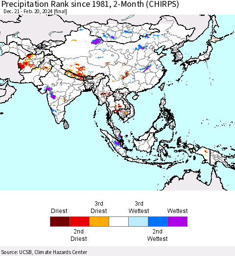 Asia Precipitation Rank since 1981, 2-Month (CHIRPS) Thematic Map For 12/21/2023 - 2/20/2024