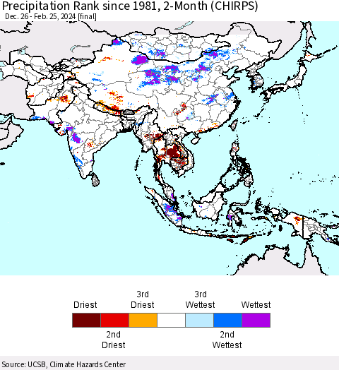 Asia Precipitation Rank since 1981, 2-Month (CHIRPS) Thematic Map For 12/26/2023 - 2/25/2024