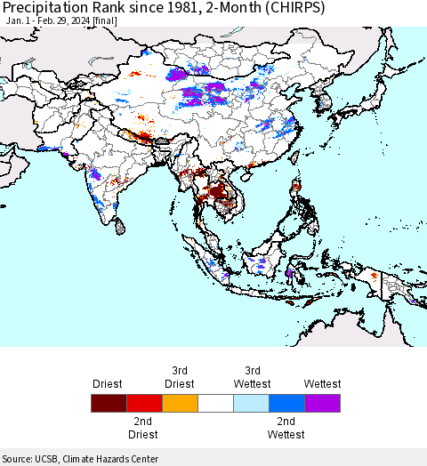 Asia Precipitation Rank since 1981, 2-Month (CHIRPS) Thematic Map For 1/1/2024 - 2/29/2024