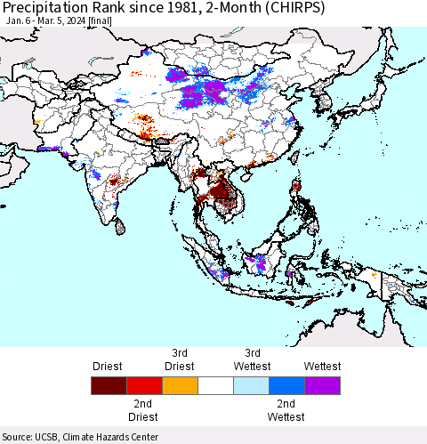 Asia Precipitation Rank since 1981, 2-Month (CHIRPS) Thematic Map For 1/6/2024 - 3/5/2024