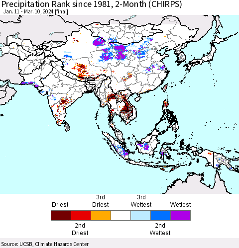 Asia Precipitation Rank since 1981, 2-Month (CHIRPS) Thematic Map For 1/11/2024 - 3/10/2024