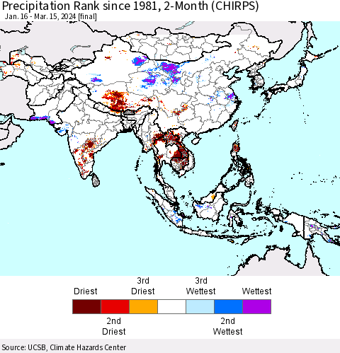 Asia Precipitation Rank since 1981, 2-Month (CHIRPS) Thematic Map For 1/16/2024 - 3/15/2024