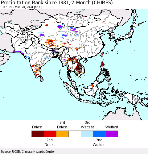 Asia Precipitation Rank since 1981, 2-Month (CHIRPS) Thematic Map For 1/21/2024 - 3/20/2024