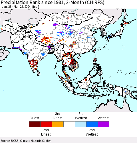 Asia Precipitation Rank since 1981, 2-Month (CHIRPS) Thematic Map For 1/26/2024 - 3/25/2024