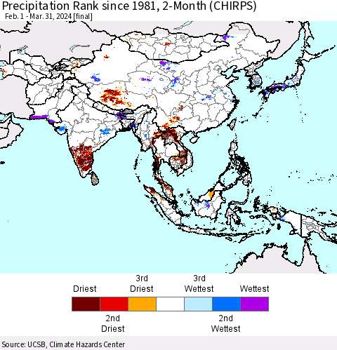 Asia Precipitation Rank since 1981, 2-Month (CHIRPS) Thematic Map For 2/1/2024 - 3/31/2024
