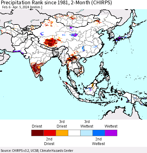 Asia Precipitation Rank since 1981, 2-Month (CHIRPS) Thematic Map For 2/6/2024 - 4/5/2024