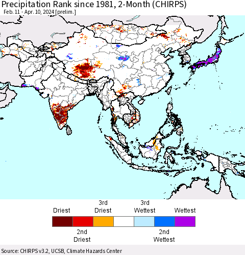 Asia Precipitation Rank since 1981, 2-Month (CHIRPS) Thematic Map For 2/11/2024 - 4/10/2024