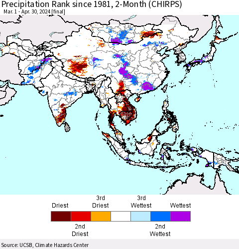 Asia Precipitation Rank since 1981, 2-Month (CHIRPS) Thematic Map For 3/1/2024 - 4/30/2024