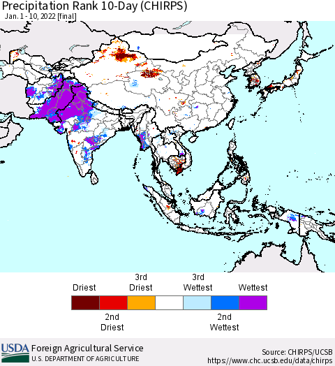 Asia Precipitation Rank since 1981, 10-Day (CHIRPS) Thematic Map For 1/1/2022 - 1/10/2022
