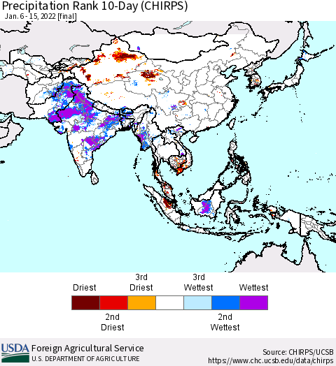 Asia Precipitation Rank since 1981, 10-Day (CHIRPS) Thematic Map For 1/6/2022 - 1/15/2022