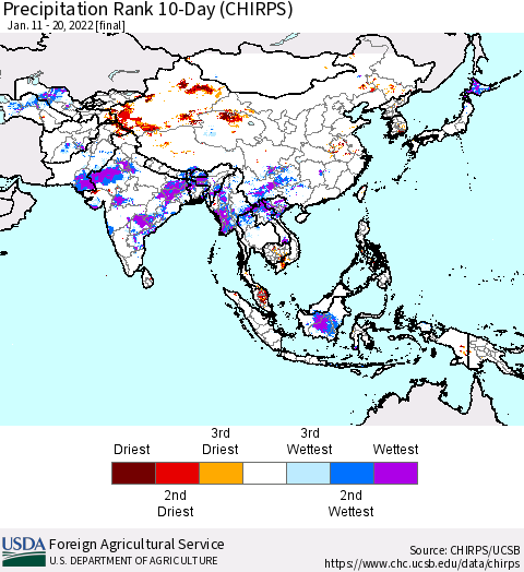 Asia Precipitation Rank since 1981, 10-Day (CHIRPS) Thematic Map For 1/11/2022 - 1/20/2022