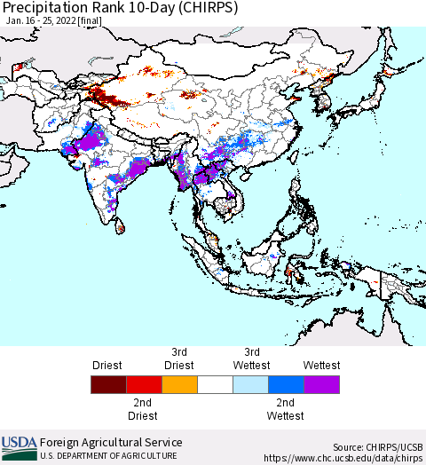 Asia Precipitation Rank since 1981, 10-Day (CHIRPS) Thematic Map For 1/16/2022 - 1/25/2022
