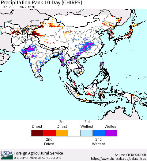 Asia Precipitation Rank since 1981, 10-Day (CHIRPS) Thematic Map For 1/21/2022 - 1/31/2022