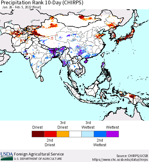 Asia Precipitation Rank since 1981, 10-Day (CHIRPS) Thematic Map For 1/26/2022 - 2/5/2022