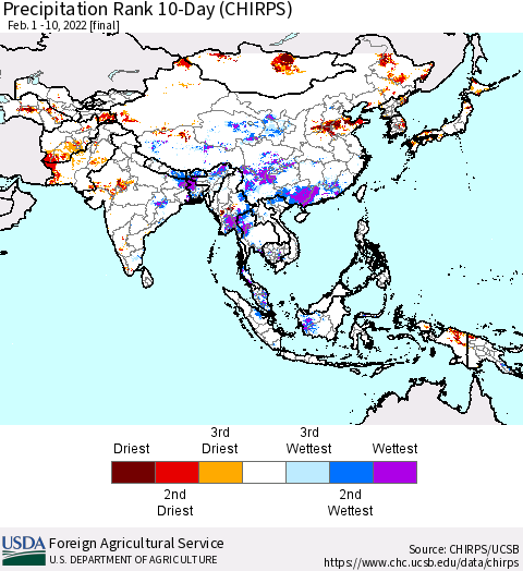 Asia Precipitation Rank since 1981, 10-Day (CHIRPS) Thematic Map For 2/1/2022 - 2/10/2022