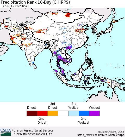 Asia Precipitation Rank since 1981, 10-Day (CHIRPS) Thematic Map For 2/6/2022 - 2/15/2022