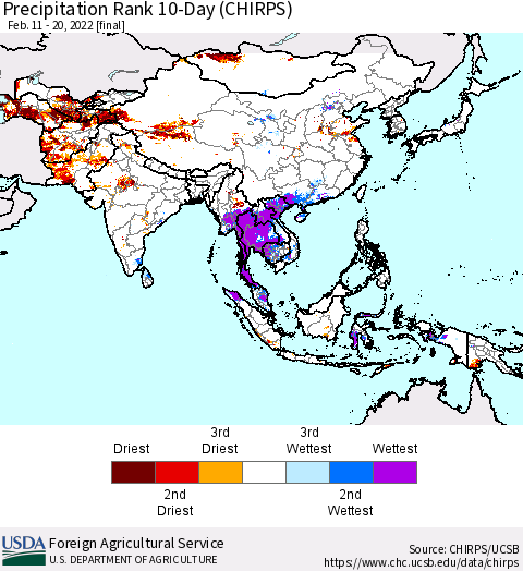 Asia Precipitation Rank since 1981, 10-Day (CHIRPS) Thematic Map For 2/11/2022 - 2/20/2022