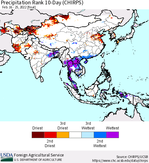 Asia Precipitation Rank since 1981, 10-Day (CHIRPS) Thematic Map For 2/16/2022 - 2/25/2022