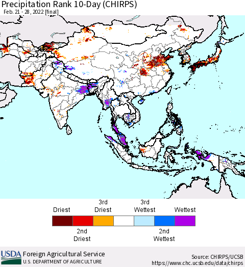 Asia Precipitation Rank since 1981, 10-Day (CHIRPS) Thematic Map For 2/21/2022 - 2/28/2022