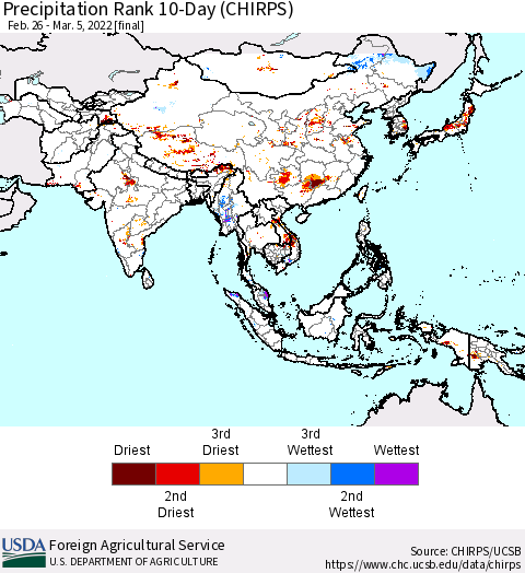 Asia Precipitation Rank since 1981, 10-Day (CHIRPS) Thematic Map For 2/26/2022 - 3/5/2022