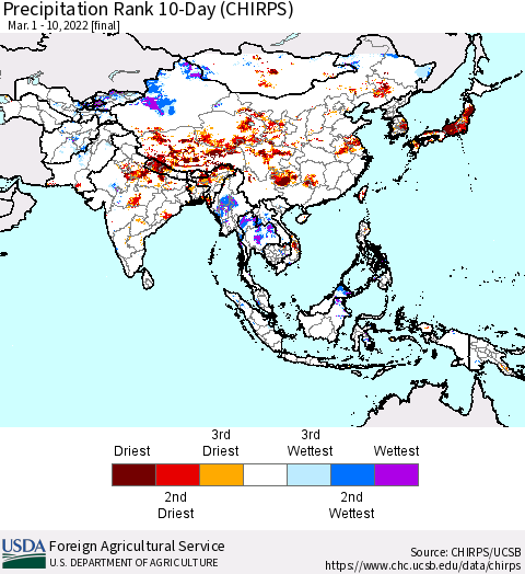 Asia Precipitation Rank since 1981, 10-Day (CHIRPS) Thematic Map For 3/1/2022 - 3/10/2022
