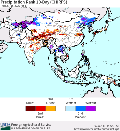 Asia Precipitation Rank since 1981, 10-Day (CHIRPS) Thematic Map For 3/6/2022 - 3/15/2022