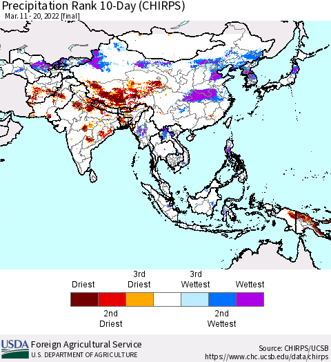 Asia Precipitation Rank since 1981, 10-Day (CHIRPS) Thematic Map For 3/11/2022 - 3/20/2022