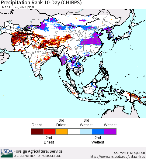 Asia Precipitation Rank since 1981, 10-Day (CHIRPS) Thematic Map For 3/16/2022 - 3/25/2022