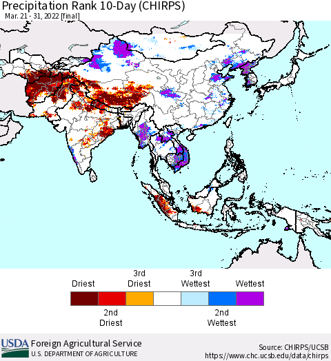 Asia Precipitation Rank since 1981, 10-Day (CHIRPS) Thematic Map For 3/21/2022 - 3/31/2022