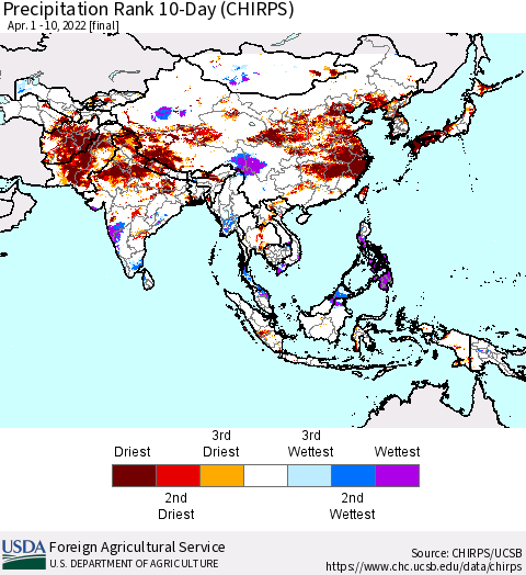 Asia Precipitation Rank since 1981, 10-Day (CHIRPS) Thematic Map For 4/1/2022 - 4/10/2022