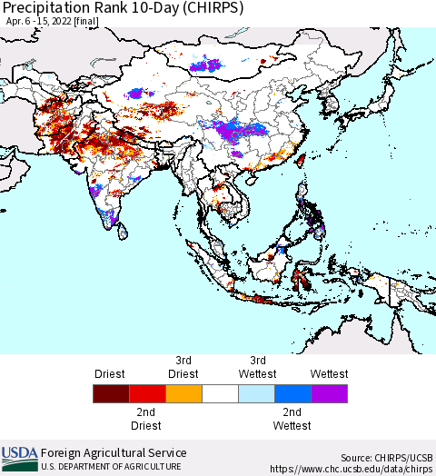Asia Precipitation Rank since 1981, 10-Day (CHIRPS) Thematic Map For 4/6/2022 - 4/15/2022