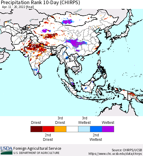 Asia Precipitation Rank since 1981, 10-Day (CHIRPS) Thematic Map For 4/11/2022 - 4/20/2022
