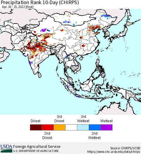Asia Precipitation Rank since 1981, 10-Day (CHIRPS) Thematic Map For 4/16/2022 - 4/25/2022