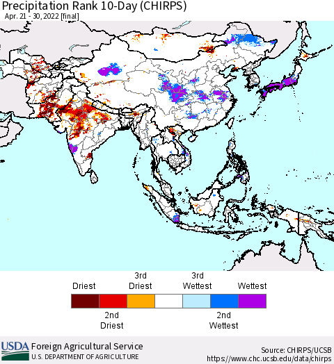 Asia Precipitation Rank since 1981, 10-Day (CHIRPS) Thematic Map For 4/21/2022 - 4/30/2022