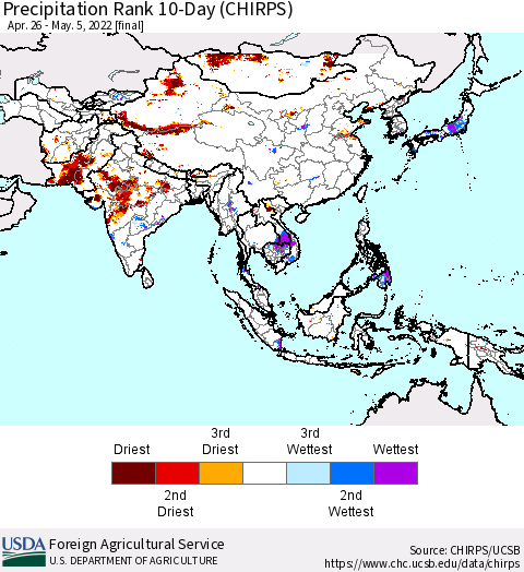 Asia Precipitation Rank since 1981, 10-Day (CHIRPS) Thematic Map For 4/26/2022 - 5/5/2022