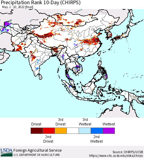Asia Precipitation Rank since 1981, 10-Day (CHIRPS) Thematic Map For 5/1/2022 - 5/10/2022