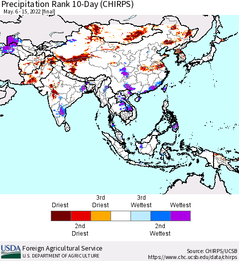 Asia Precipitation Rank since 1981, 10-Day (CHIRPS) Thematic Map For 5/6/2022 - 5/15/2022