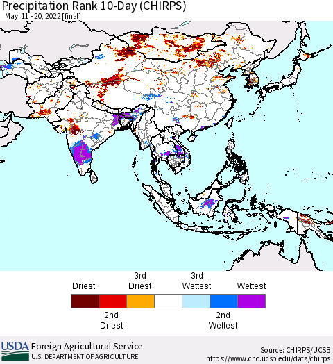 Asia Precipitation Rank since 1981, 10-Day (CHIRPS) Thematic Map For 5/11/2022 - 5/20/2022