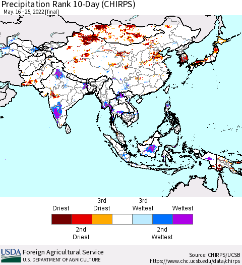 Asia Precipitation Rank since 1981, 10-Day (CHIRPS) Thematic Map For 5/16/2022 - 5/25/2022