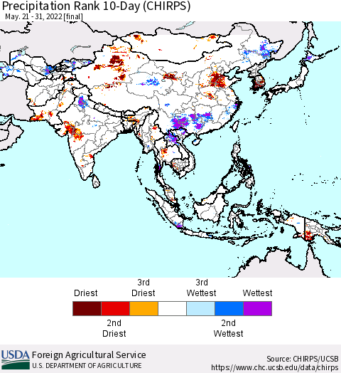 Asia Precipitation Rank since 1981, 10-Day (CHIRPS) Thematic Map For 5/21/2022 - 5/31/2022