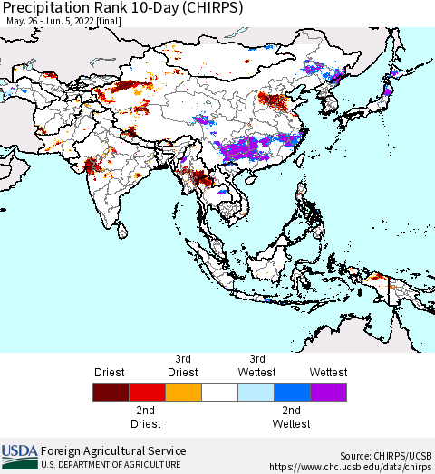 Asia Precipitation Rank since 1981, 10-Day (CHIRPS) Thematic Map For 5/26/2022 - 6/5/2022