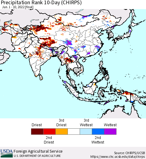 Asia Precipitation Rank since 1981, 10-Day (CHIRPS) Thematic Map For 6/1/2022 - 6/10/2022